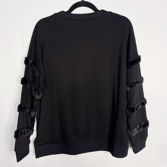 New See and Be Seen Large L Black Faux Fur Striped Detail Crew Neck Sweatshirt - Picture 2 of 11
